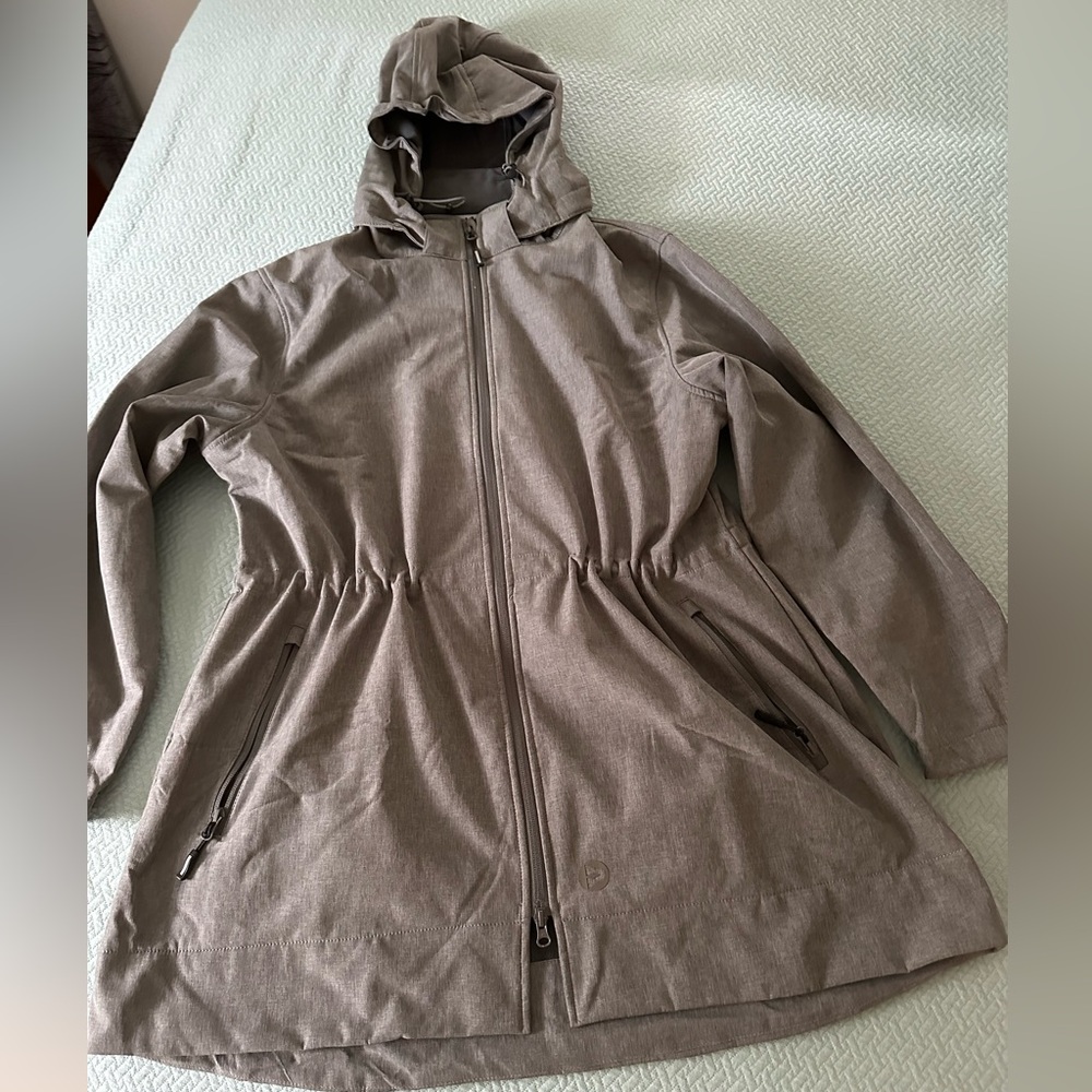Gray Outdoor Venture raincoat with fleece lining and drawstring waist.  Size 2x